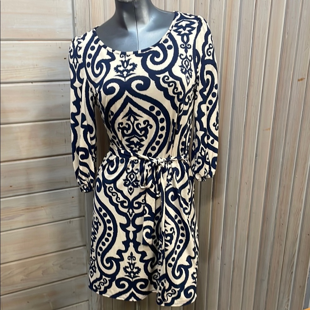 Pinkblush Cream and Blue Sheath Dress with Bishop Sleeves